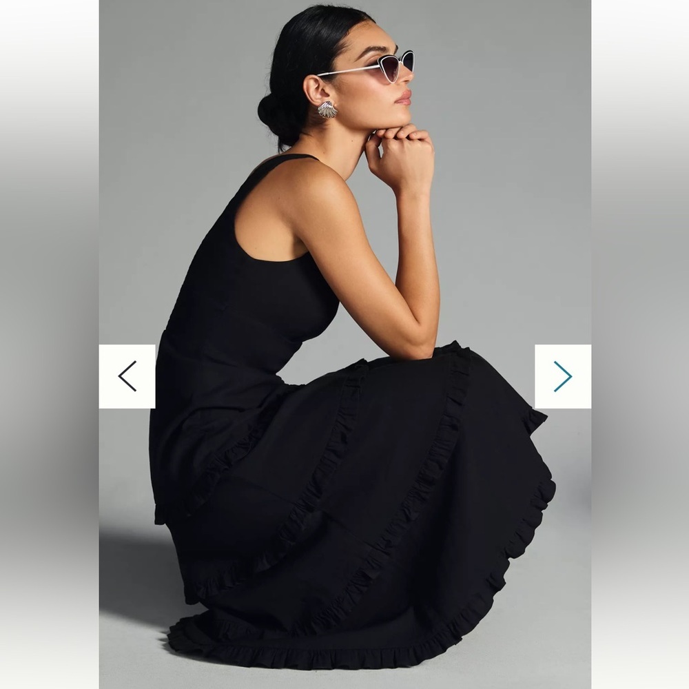 Anthropologie Linen‎ Blend The Blythe Square Neck Tiered Dress Black Small NWT - Picture 3 of 12